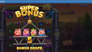 Tampilan visual slot Huff n Puff CollectR dengan karakter babi dan serigala