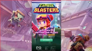 Tampilan visual retro arcade pada slot Zombie Blasters dengan elemen pixel-art yang khas.